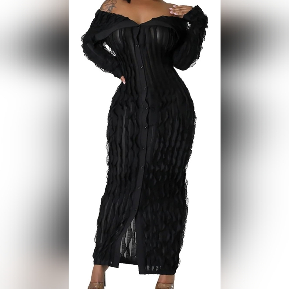 Off Shoulder Maxi Dress Pleated See Through Flare Sleeve Button Down Bodycon.